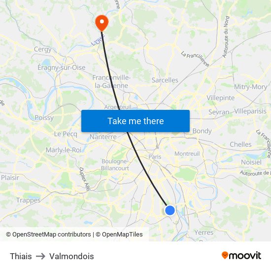 Thiais to Valmondois map