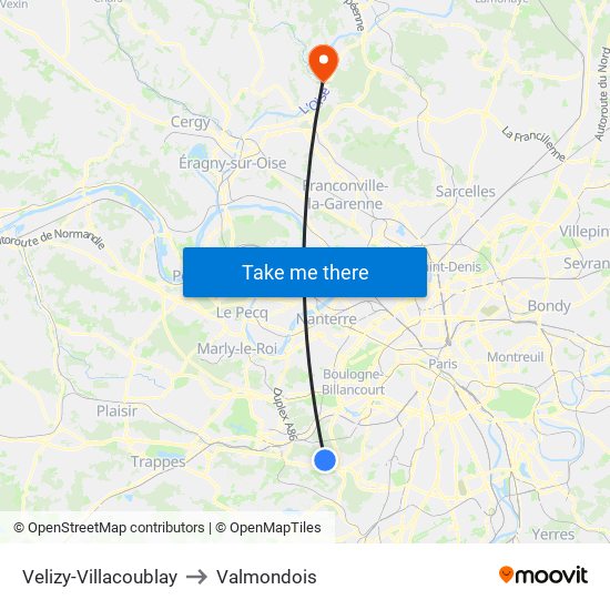 Velizy-Villacoublay to Valmondois map