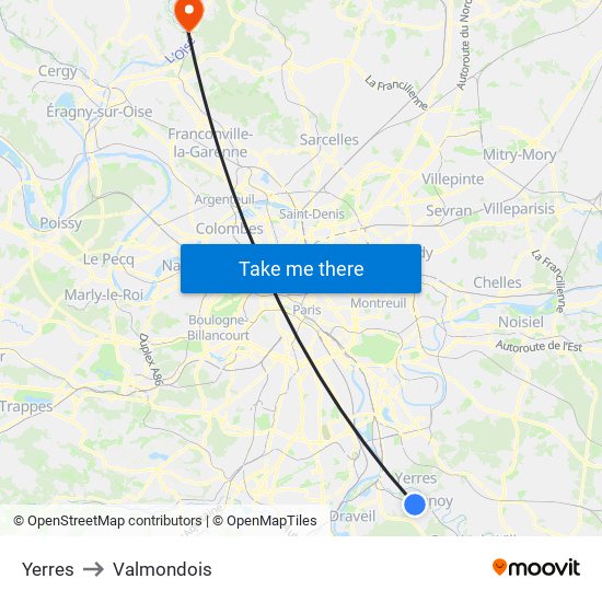 Yerres to Valmondois map