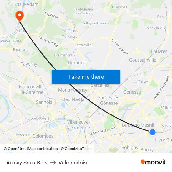 Aulnay-Sous-Bois to Valmondois map