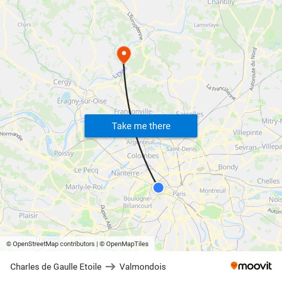 Charles de Gaulle Etoile to Valmondois map