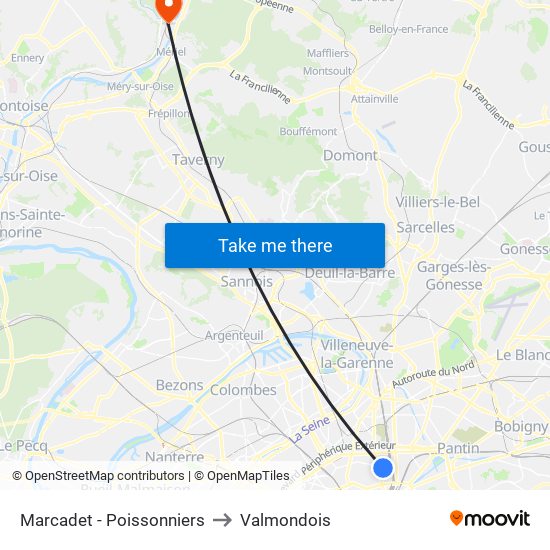 Marcadet - Poissonniers to Valmondois map