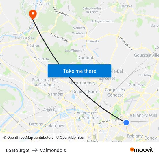 Le Bourget to Valmondois map
