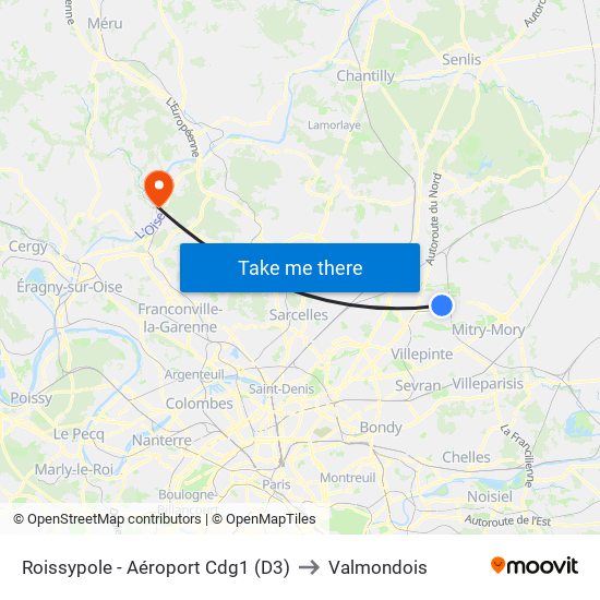 Roissypole - Aéroport Cdg1 (D3) to Valmondois map