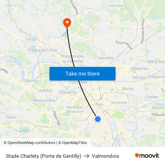 Stade Charléty (Porte de Gentilly) to Valmondois map