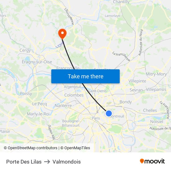 Porte Des Lilas to Valmondois map