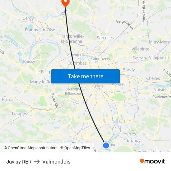 Juvisy RER to Valmondois map
