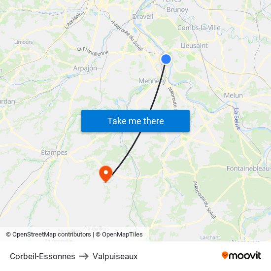 Corbeil-Essonnes to Valpuiseaux map