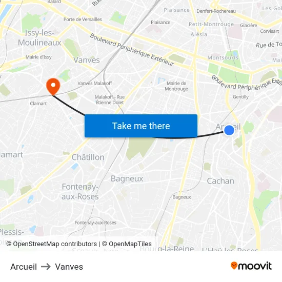 Arcueil to Vanves map