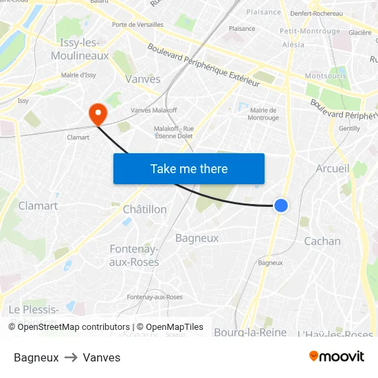 Bagneux to Vanves map