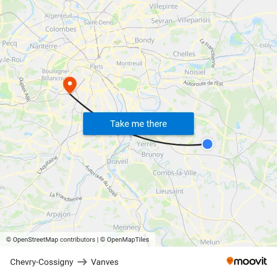 Chevry-Cossigny to Vanves map