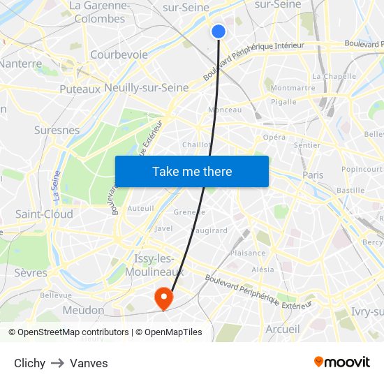 Clichy to Vanves map