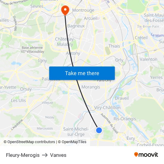 Fleury-Merogis to Vanves map