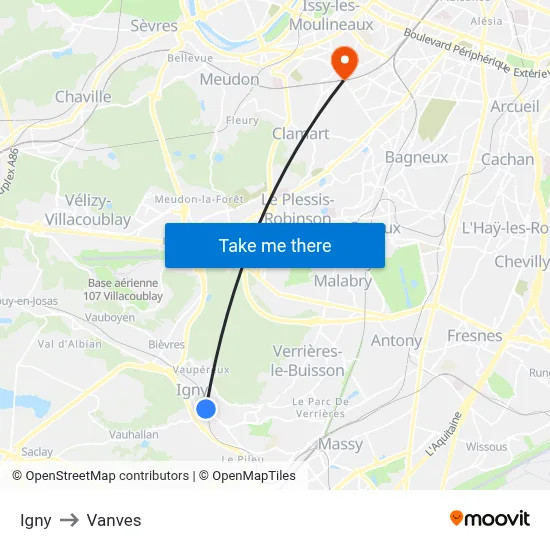 Igny to Vanves map