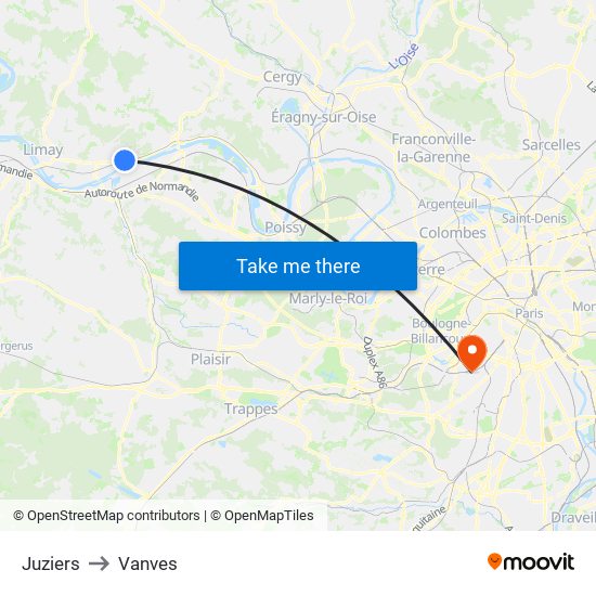 Juziers to Vanves map