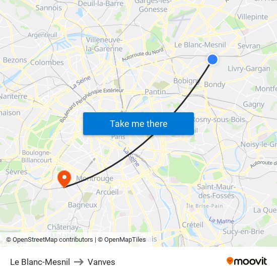 Le Blanc-Mesnil to Vanves map