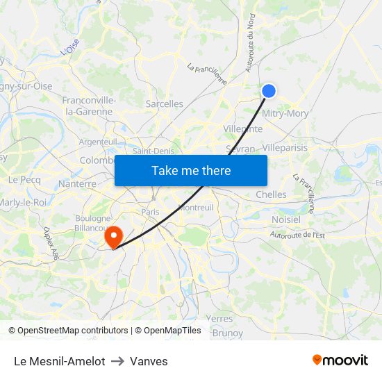 Le Mesnil-Amelot to Vanves map