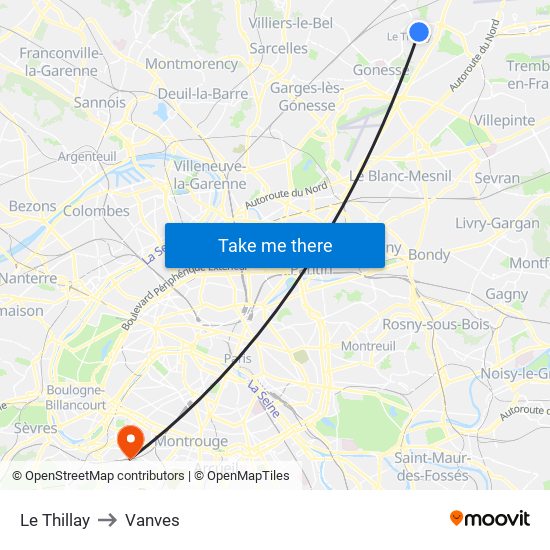 Le Thillay to Vanves map