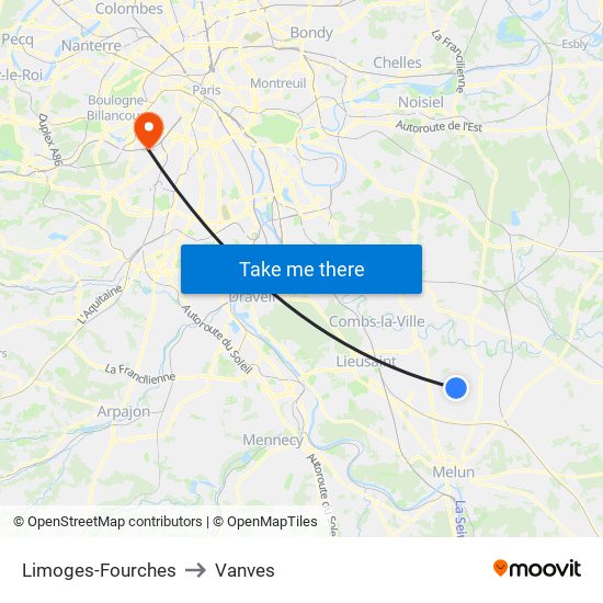 Limoges-Fourches to Vanves map