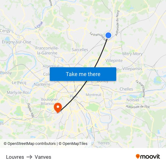 Louvres to Vanves map