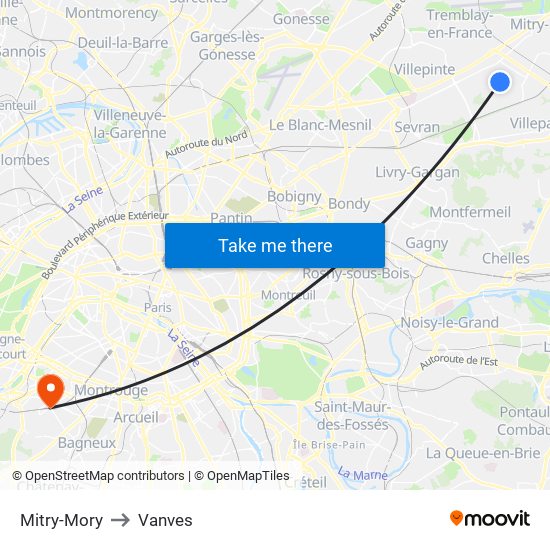Mitry-Mory to Vanves map