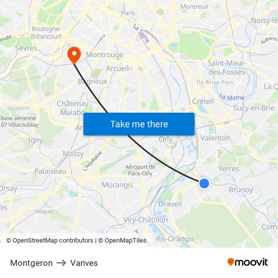 Montgeron to Vanves map