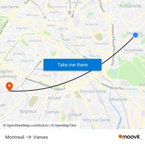 Montreuil to Vanves map