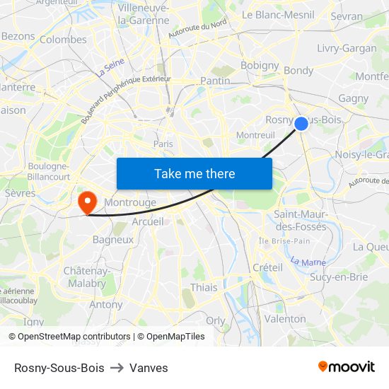 Rosny-Sous-Bois to Vanves map