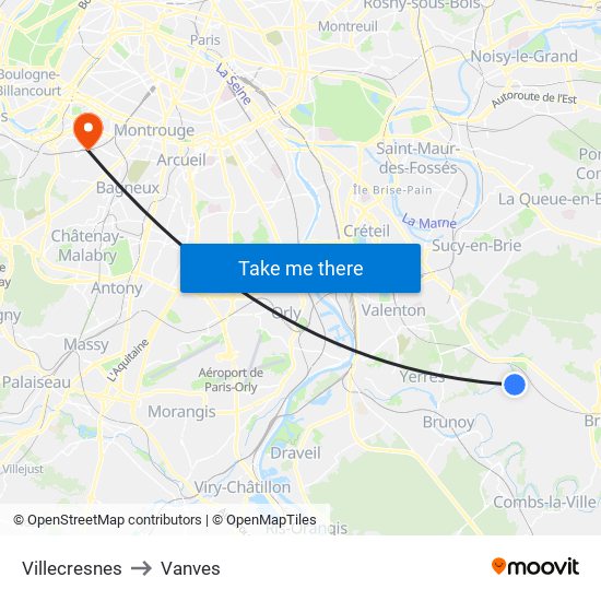 Villecresnes to Vanves map