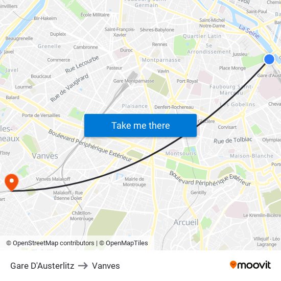 Gare D'Austerlitz to Vanves map