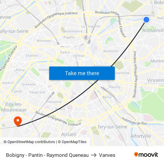 Bobigny - Pantin - Raymond Queneau to Vanves map