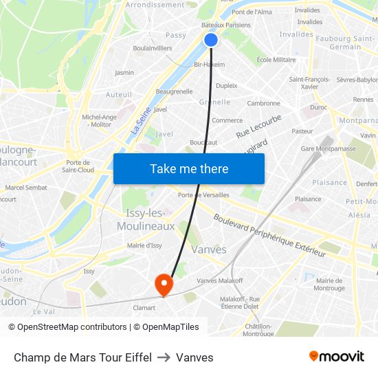 Champ de Mars Tour Eiffel to Vanves map