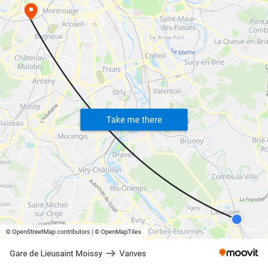 Gare de Lieusaint Moissy to Vanves map