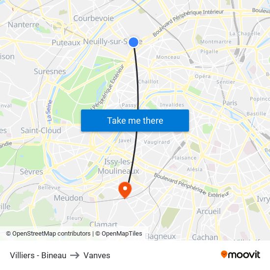 Villiers - Bineau to Vanves map