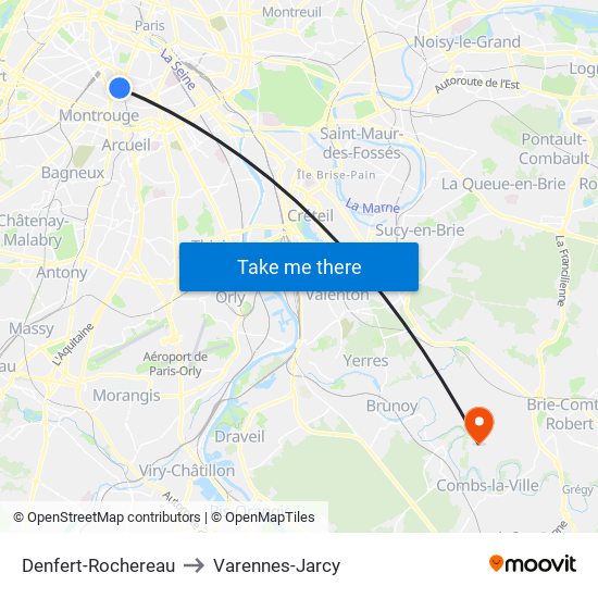 Denfert-Rochereau to Varennes-Jarcy map