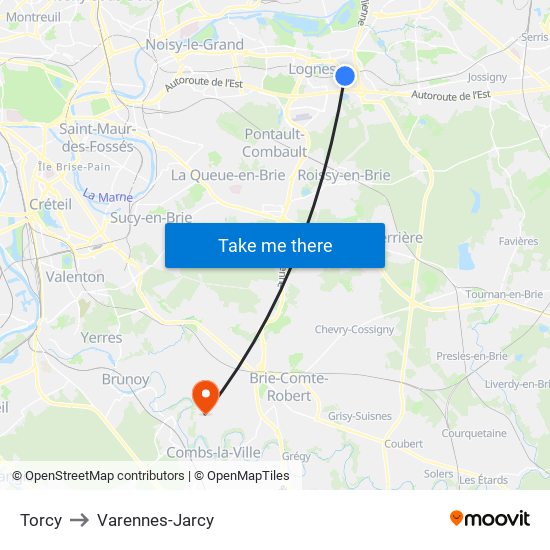 Torcy to Varennes-Jarcy map