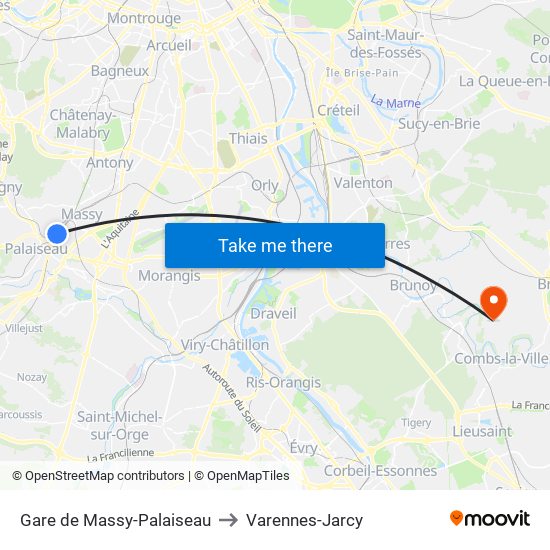 Gare de Massy-Palaiseau to Varennes-Jarcy map