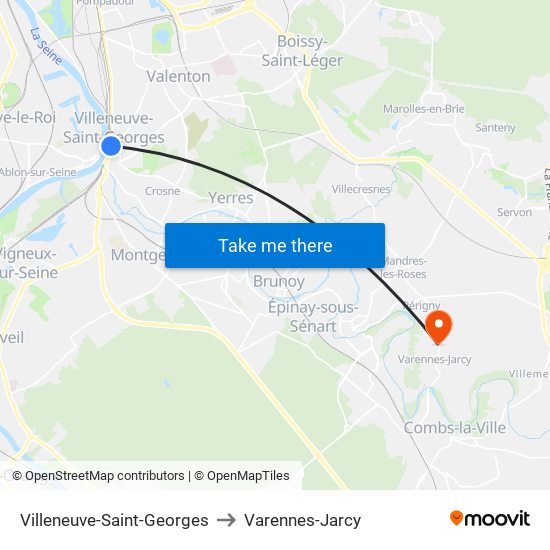Villeneuve-Saint-Georges to Varennes-Jarcy map