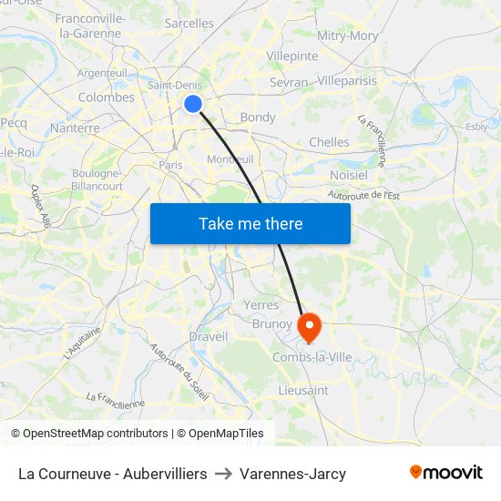 La Courneuve - Aubervilliers to Varennes-Jarcy map