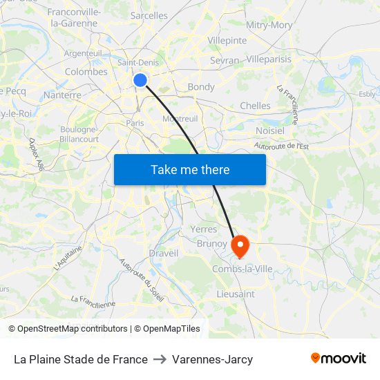 La Plaine Stade de France to Varennes-Jarcy map