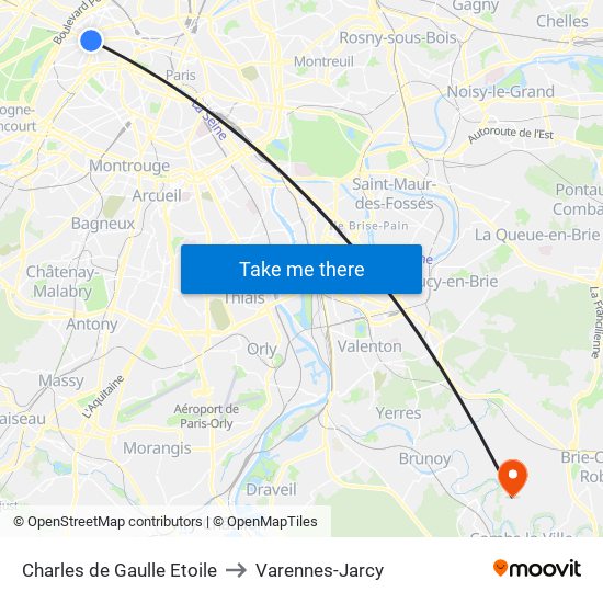 Charles de Gaulle Etoile to Varennes-Jarcy map