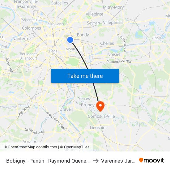 Bobigny - Pantin - Raymond Queneau to Varennes-Jarcy map