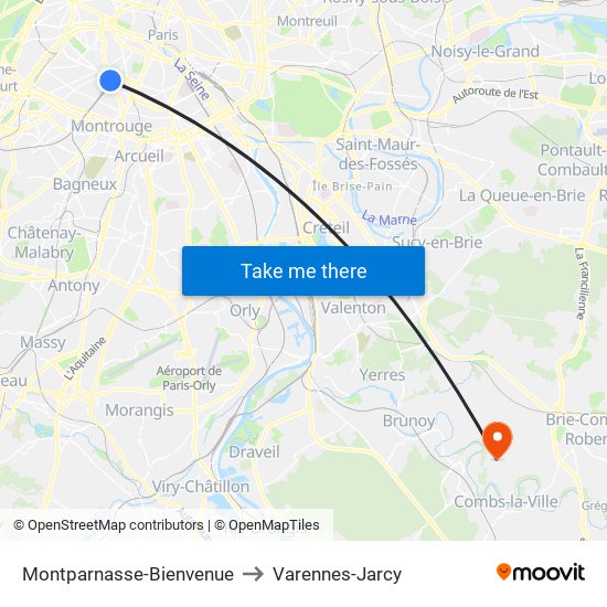Montparnasse-Bienvenue to Varennes-Jarcy map