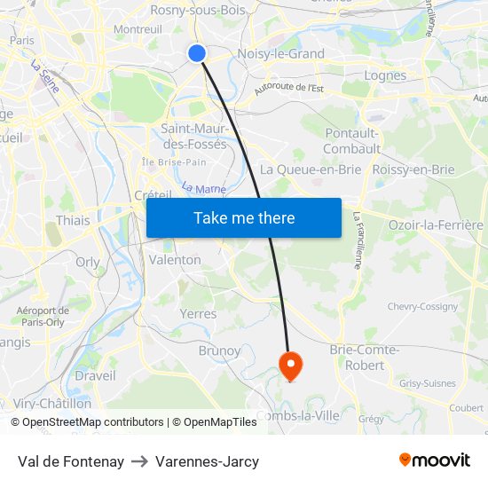 Val de Fontenay to Varennes-Jarcy map