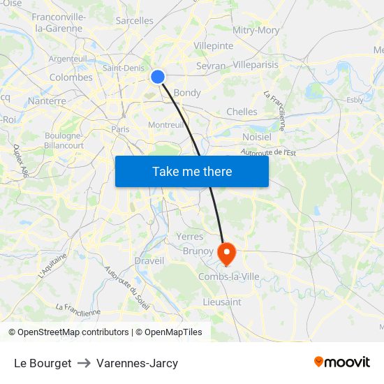Le Bourget to Varennes-Jarcy map