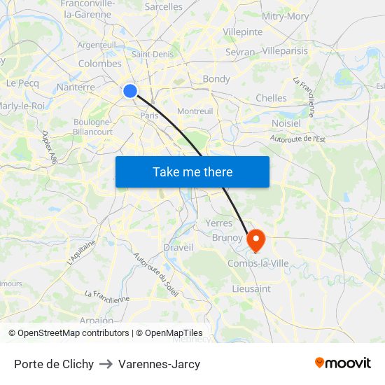 Porte de Clichy to Varennes-Jarcy map