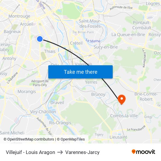 Villejuif - Louis Aragon to Varennes-Jarcy map
