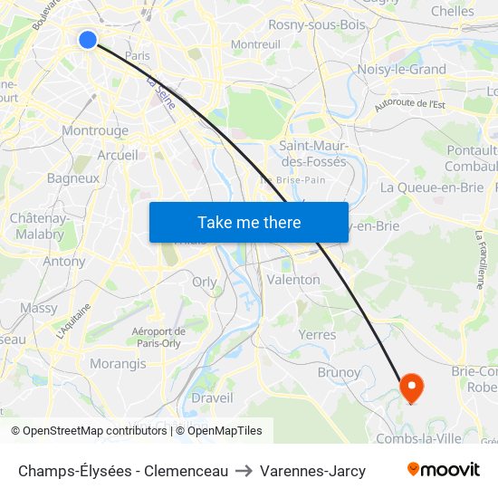 Champs-Élysées - Clemenceau to Varennes-Jarcy map