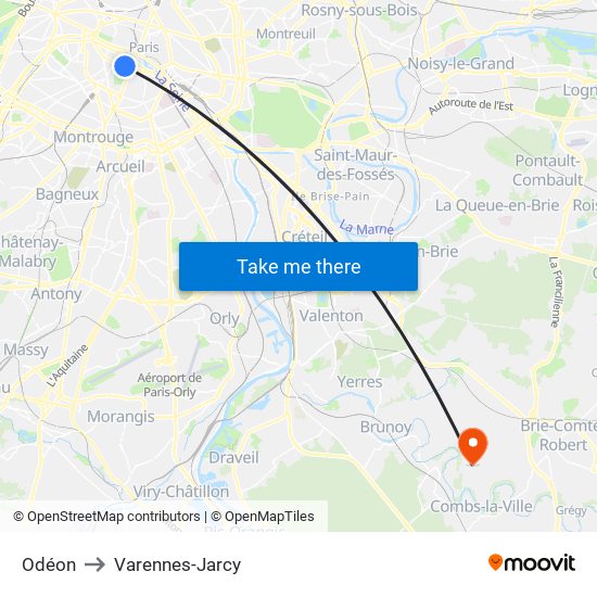 Odéon to Varennes-Jarcy map