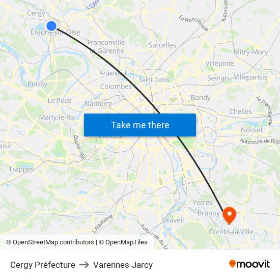 Cergy Préfecture to Varennes-Jarcy map